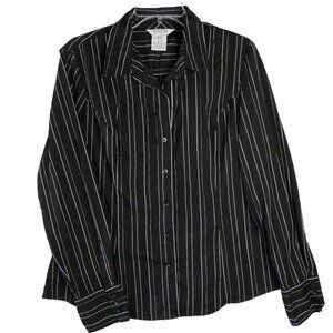 George Stretch Ladies XL Black White Stripe Button Front Long Sleeve Dress Shirt